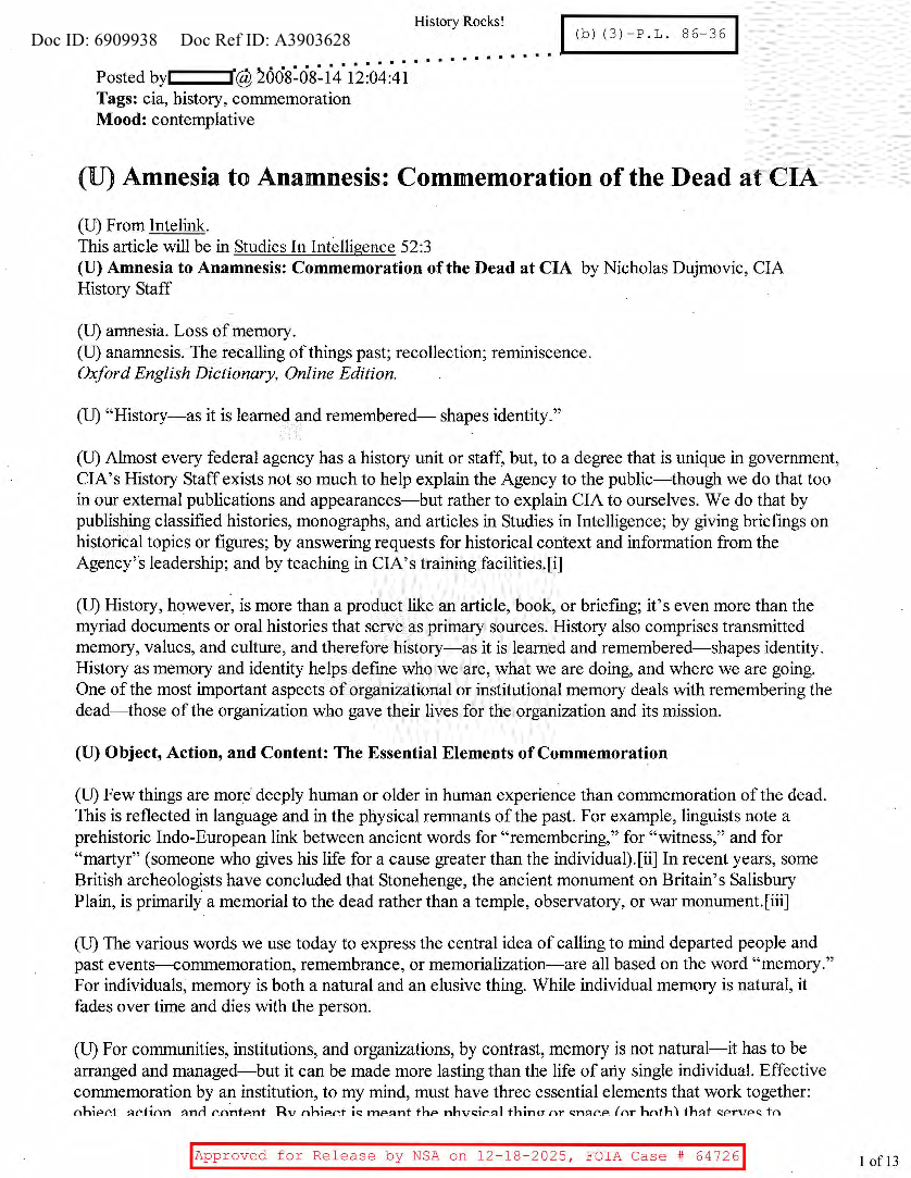  NSA HISTORY ROCKS-AMNESIA TO ANAMNESIS-COMMEMORATION OF THE DEAD AT CIA