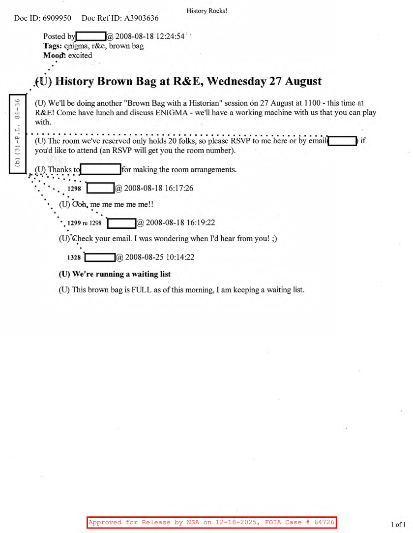  NSA HISTORY ROCKS-HISTORY BROWN BAG AT R&E, WEDNESDAY 27 AUGUST