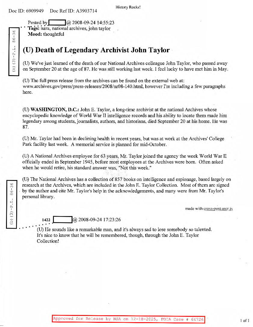  NSA HISTORY ROCKS-DEATH OF LEGENDARY ARCHIVIST JOHN TAYLOR