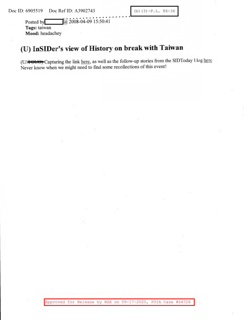  NSA HISTORY ROCKS-INSIDER'S VIEW OF HISTORY ON BREAK WITH TAIWAN