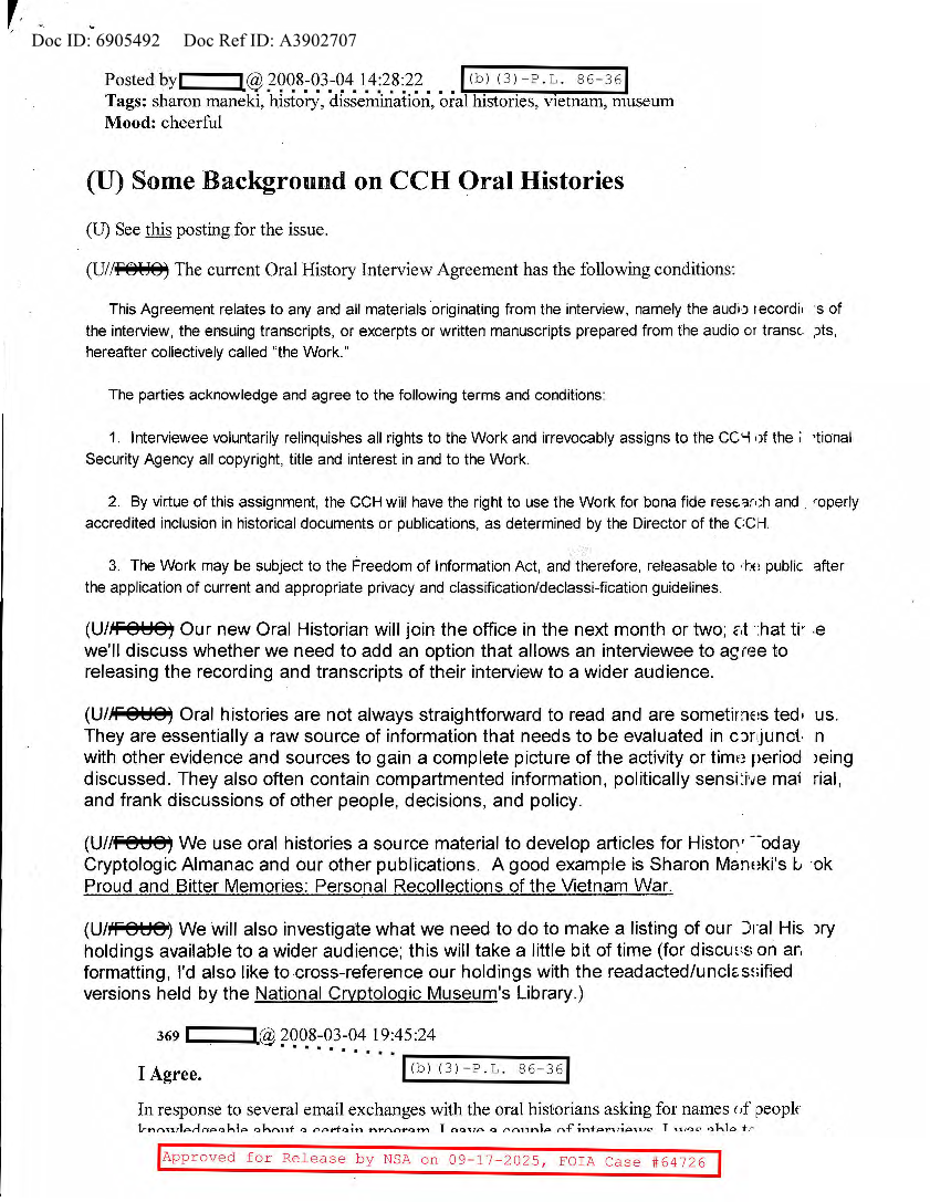  NSA HISTORY ROCKS-SOME BACKGROUND ON CCH ORAL HISTORIES