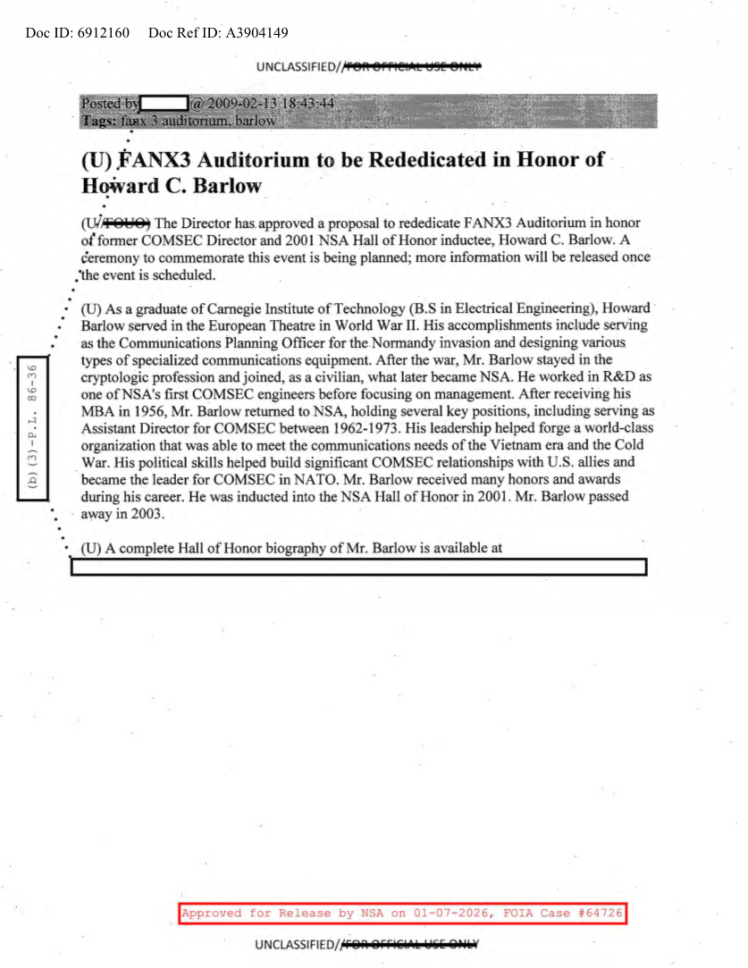  NSA HISTORY ROCKS-FANX3 AUDITORIUM TO BE REDEDICATED IN HONOR OF HOWARD C. BARLOW