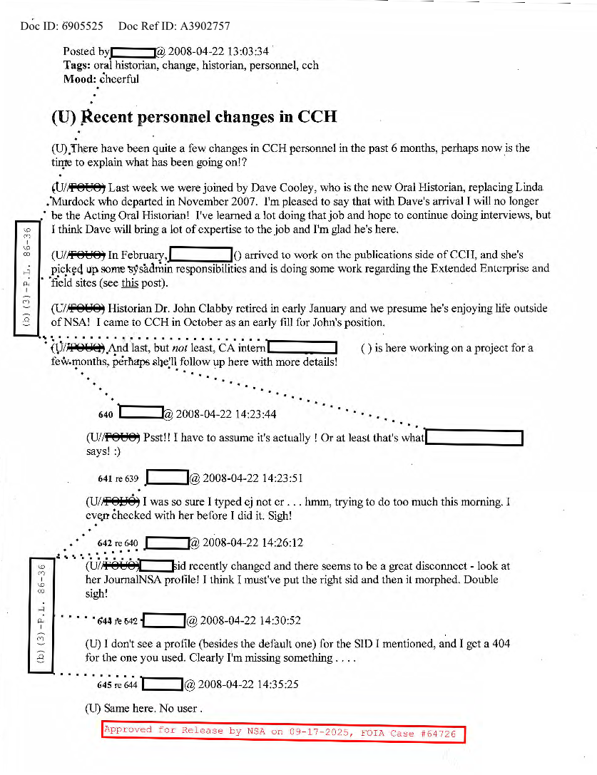  NSA HISTORY ROCKS-RECENT PERSONNEL CHANGES IN CCH