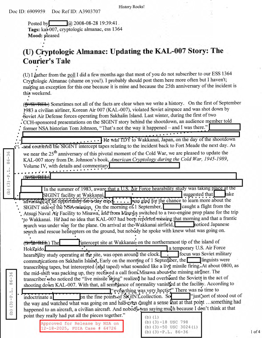  NSA HISTORY ROCKS-CRYPTOLOGIC ALMANAC-UPDATING THE KAL-007 STORY-THE COURIER'S TALE