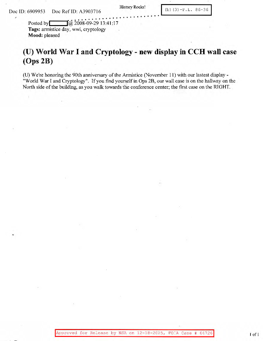  NSA HISTORY ROCKS-WORLD WAR I AND CRYPTOLOGY-NEW DISPLAY IN CCH WALL CASE (OPS 2B)