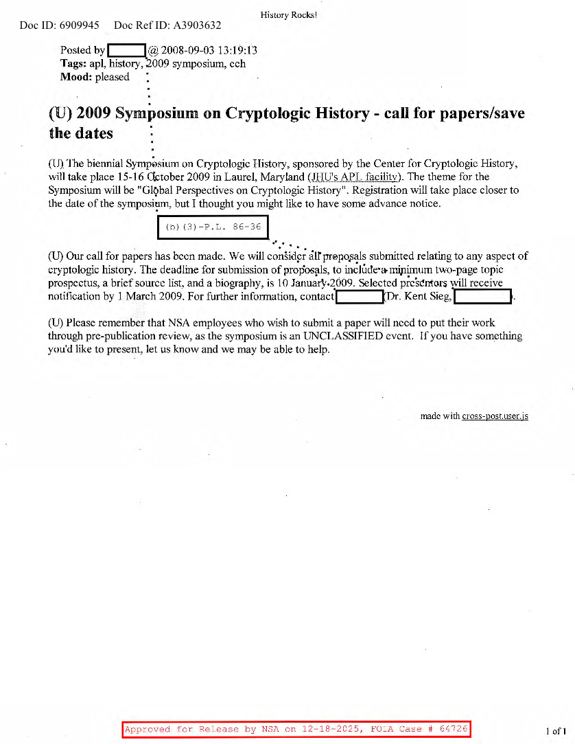  NSA HISTORY ROCKS-2009 SYMPOSIUM ON CRYPTOLOGIC HISTORY-CALL FOR PAPERS-SAVE THE DATES