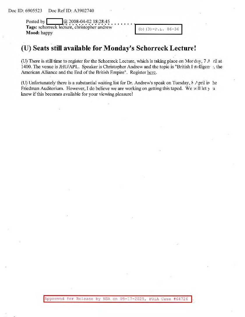 NSA HISTORY ROCKS-SEATS STILL AVAILABLE FOR MONDAY'S SCHORRECK LECTURE