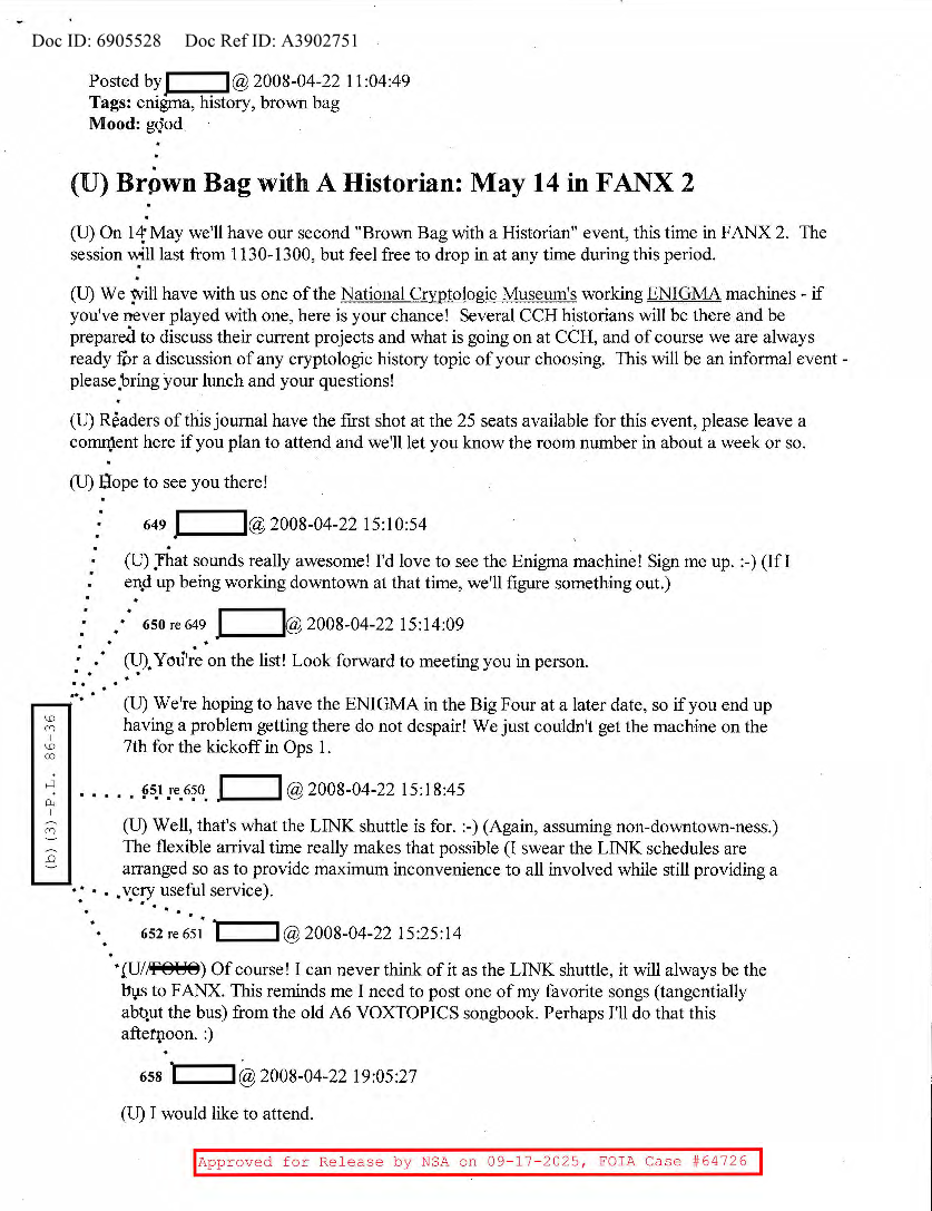  NSA HISTORY ROCKS-BROWN BAG WITH A HISTORIAN; MAY 14 IN FANX 2