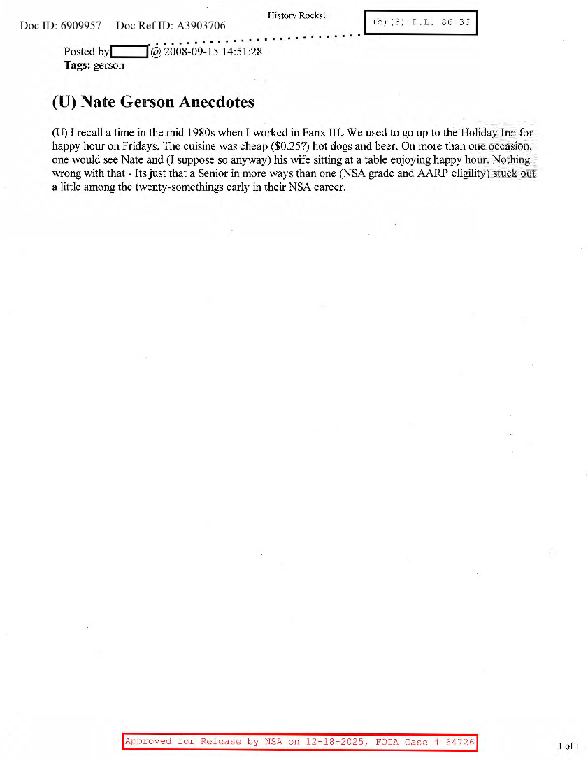  NSA HISTORY ROCKS-NATE GERSON ANECDOTES