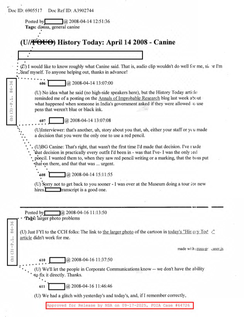  NSA HISTORY ROCKS-HISTORY TODAY; APRIL 14 2008-CANINE