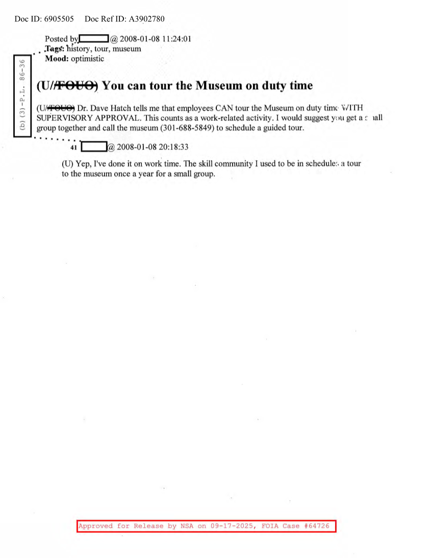 NSA HISTORY ROCKS-YOU CAN TOUR THE MUSEUM ON DUTY TIME