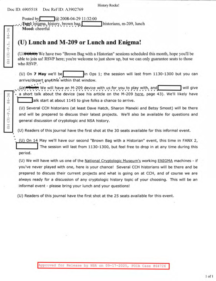  NSA HISTORY ROCKS-LUNCH AND M-209 OR LUNCH AND ENIGMA