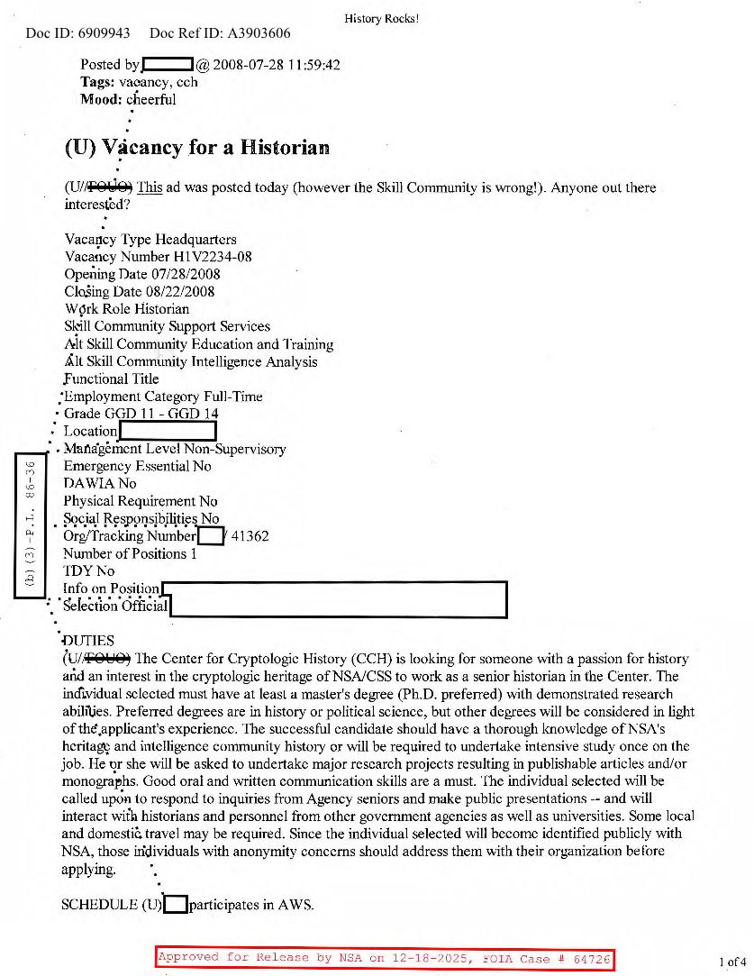  NSA HISTORY ROCKS-VACANCY FOR A HISTORIAN