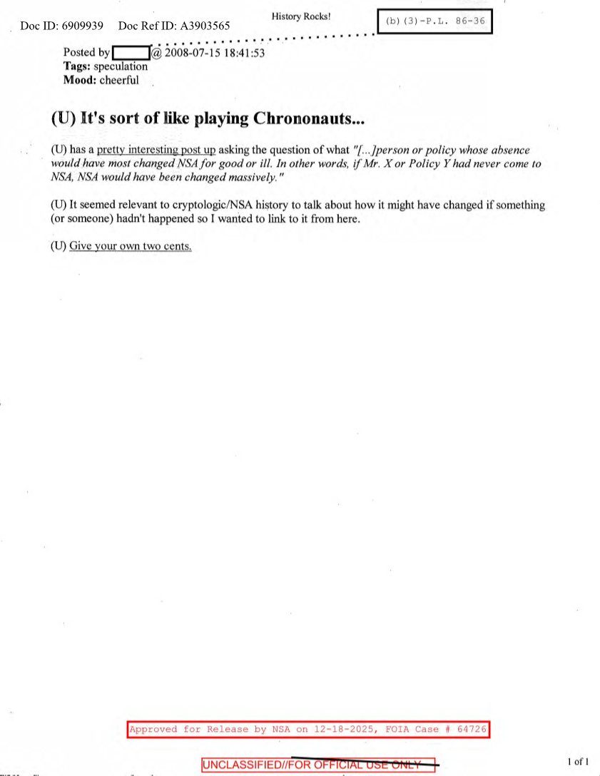  NSA HISTORY ROCKS-IT'S SORT OF LIKE PLAYING CHRONONAUTS