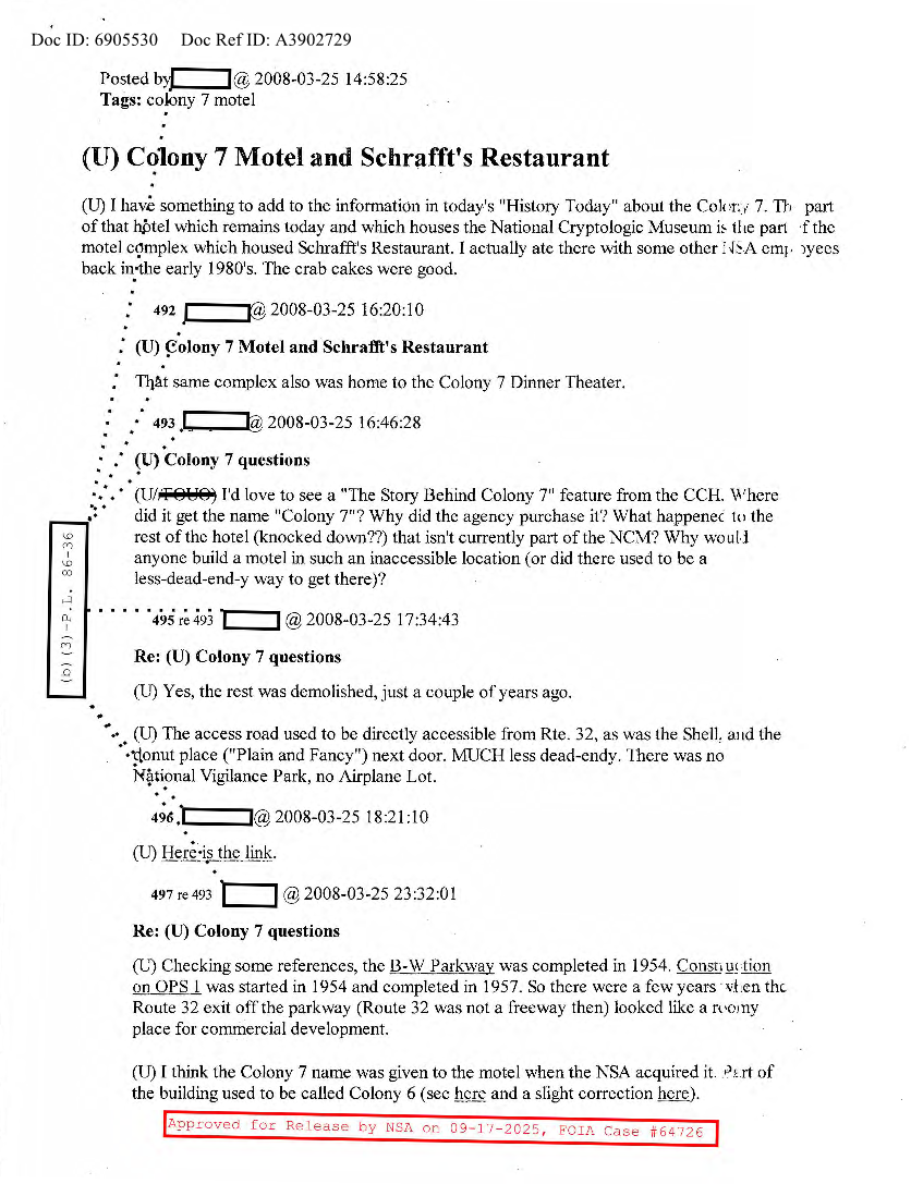 NSA HISTORY ROCKS-COLONY 7 MOTEL AND SCHRAFFT'S RESTAURANT