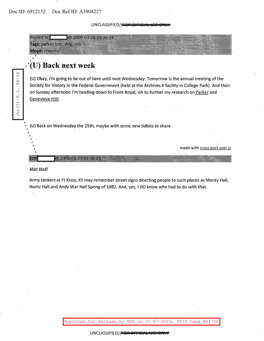  NSA HISTORY ROCKS-BACK NEXT WEEK.