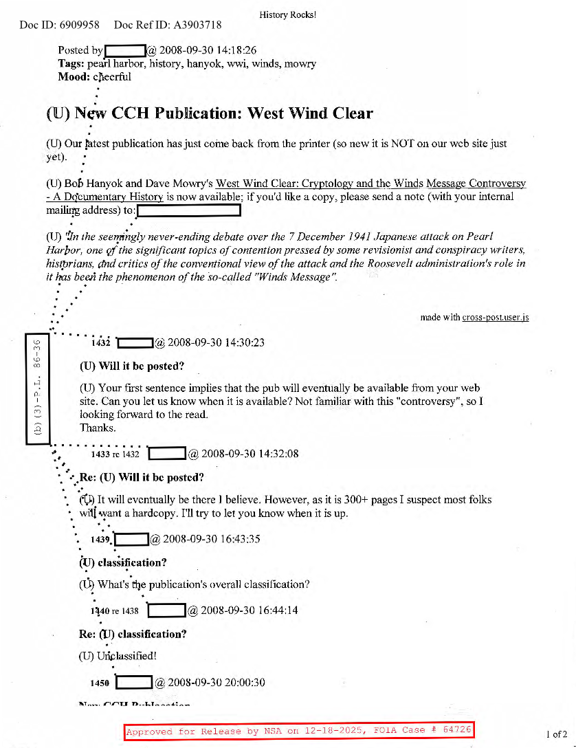  NSA HISTORY ROCKS-NEW CCH PUBLICATION-WEST WIND CLEAR