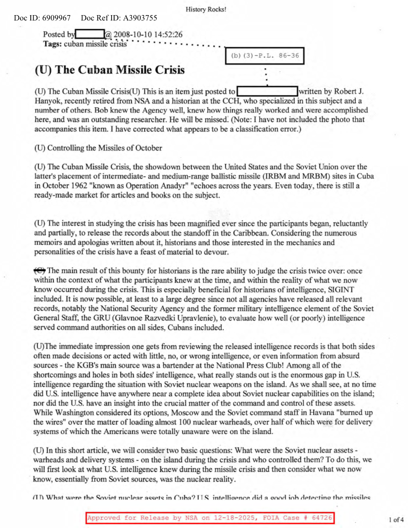 NSA HISTORY ROCKS-THE CUBAN MISSLE CRISIS